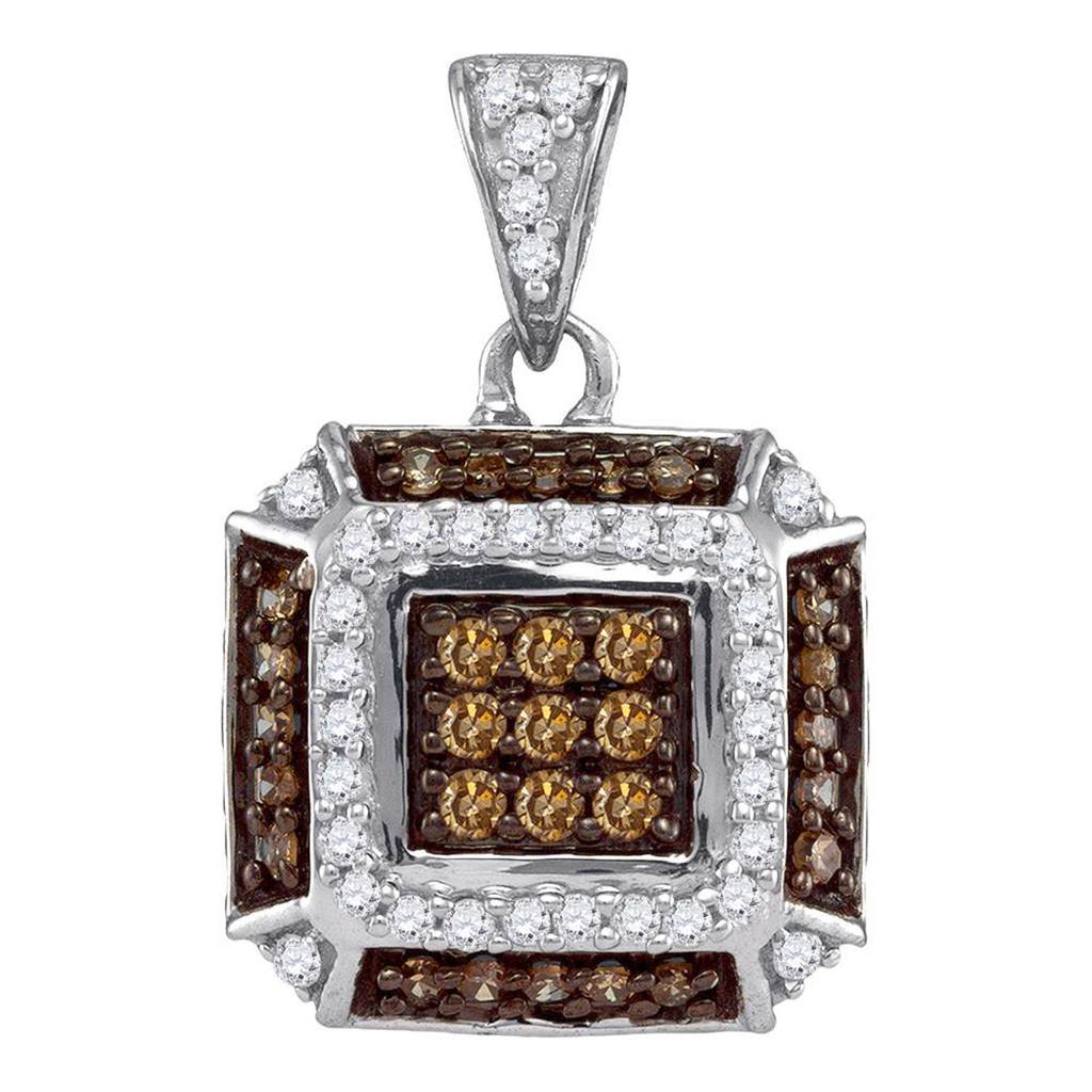 14kt White Gold Round Brown Diamond Square Pendant 1/2 Cttw