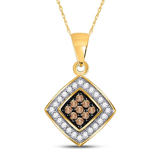 10k Yellow Gold Round Brown Diamond Square Pendant 1/4 Cttw