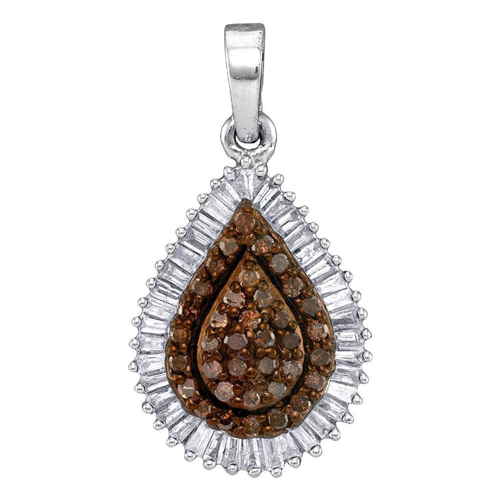 14k White Gold Brown Round Cluster Diamond Teardrop Shape Pendant