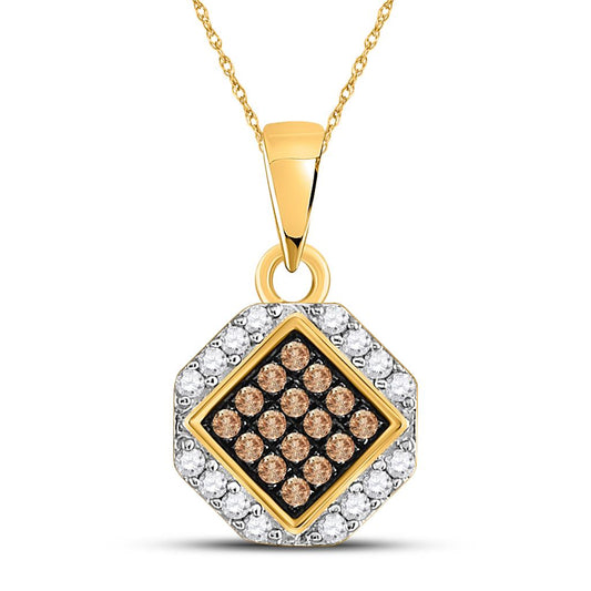 10k Yellow Gold Round Brown Diamond Diagonal Square Pendant 1/4 Cttw