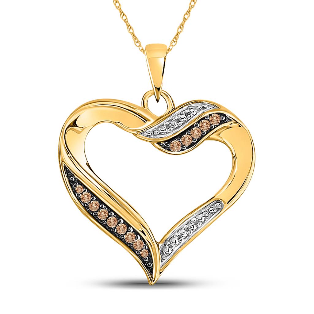 10k Yellow Gold Round Brown Diamond Heart Pendant 1/10 Cttw