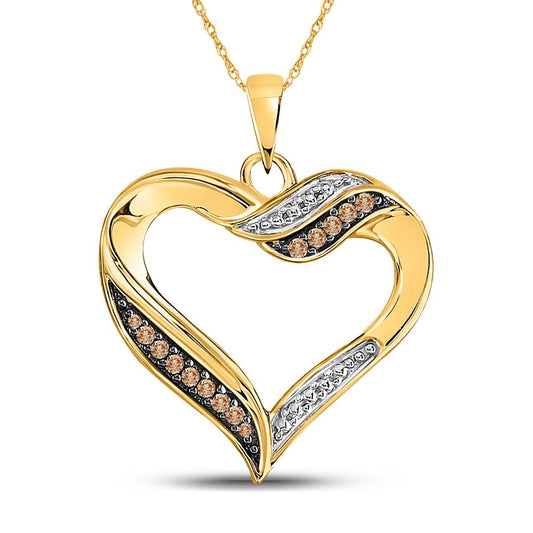 10k Yellow Gold Round Brown Diamond Heart Pendant 1/10 Cttw