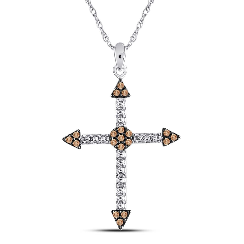 14k White Gold Round Brown Diamond Cross Beaded Pendant 1/6 Cttw