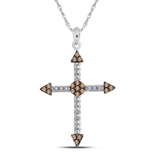 14k White Gold Round Brown Diamond Cross Beaded Pendant 1/6 Cttw
