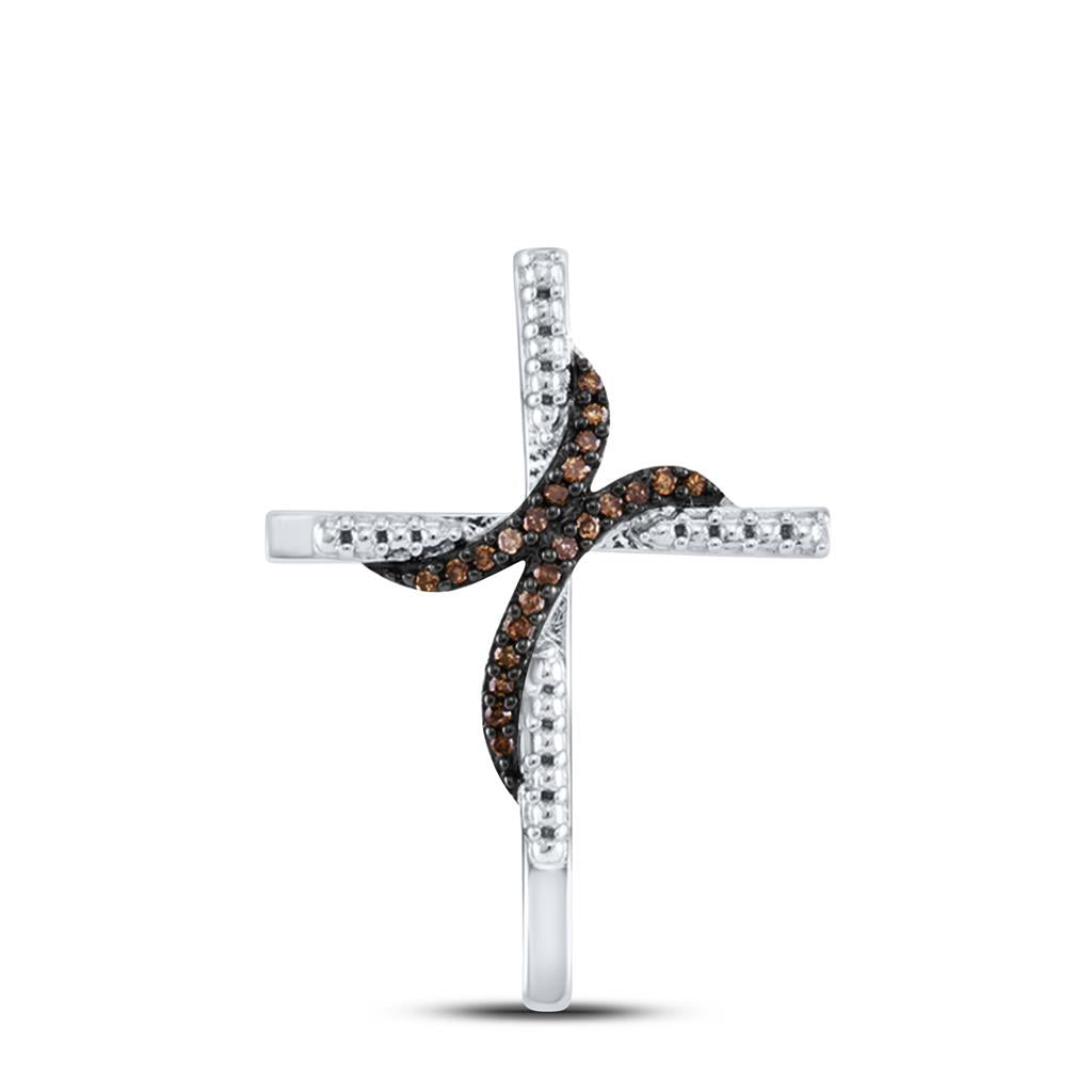 14k White Gold Round Brown Diamond Cross Beaded Pendant 1/8 Cttw