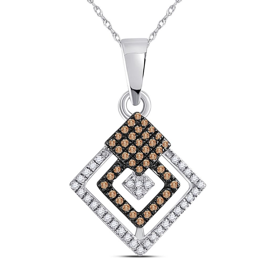14k White Gold Round Brown Diamond Square Pendant 1/4 Cttw