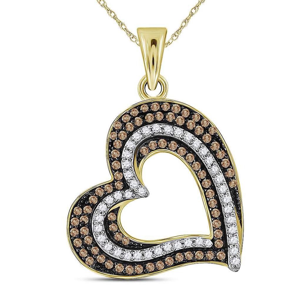 10kt Yellow Gold Round Brown Diamond Heart Pendant 3/8 Cttw