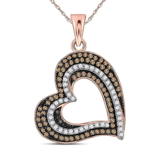10kt Rose Gold Round Brown Diamond Heart Pendant 3/8 Cttw