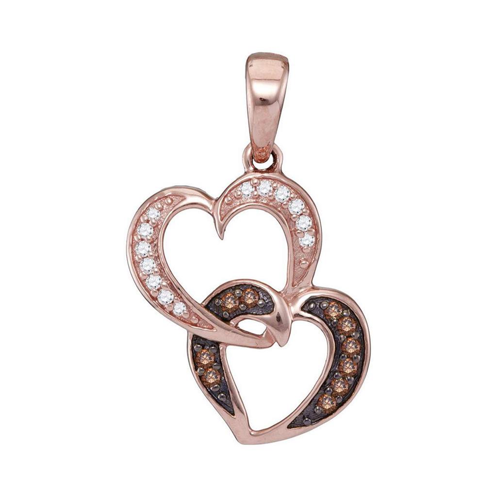 10k Rose Gold Round Brown Diamond Double Heart Pendant 1/10 Cttw