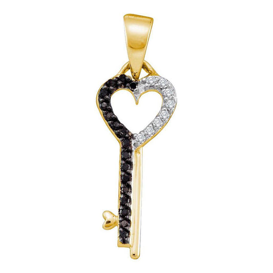 10k Yellow Gold Round Black Diamond Key Pendant 1/8 Cttw