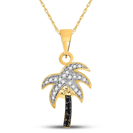 10k Yellow Gold Round Black Diamond Palm Tree Pendant 1/8 Cttw