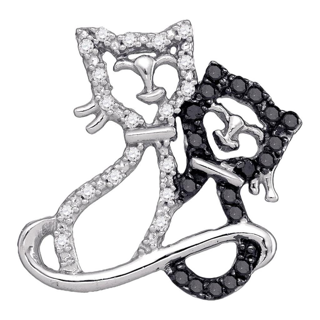 14k White Gold Black Diamond Kitty Cat Animal Pendant 1/6 Cttw