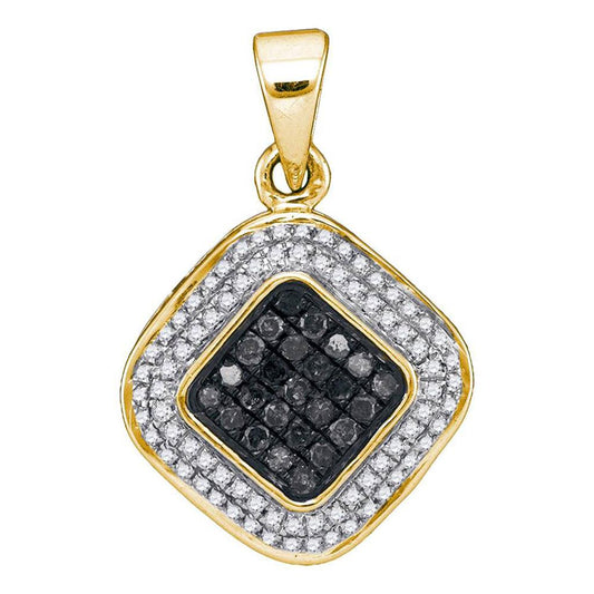 10k Yellow Gold Round Black Diamond Diagonal Square Pendant 1/4 Cttw