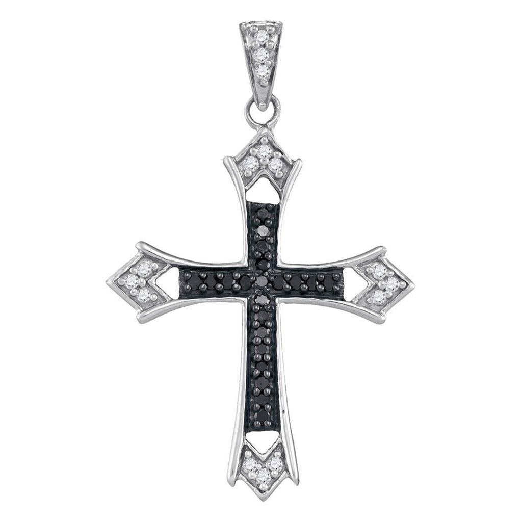 14k White Gold Round Black Diamond Flared Cross Pendant 1/5 Cttw