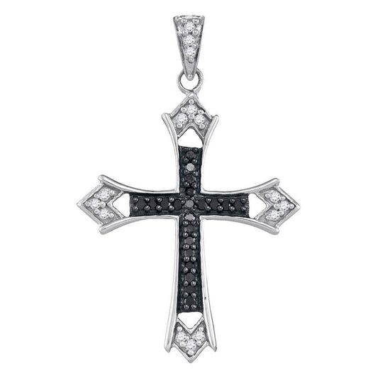 14k White Gold Round Black Diamond Flared Cross Pendant 1/5 Cttw