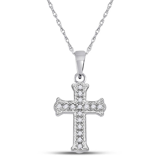 14k White Gold Round Diamond Cross Pendant 1/12 Cttw