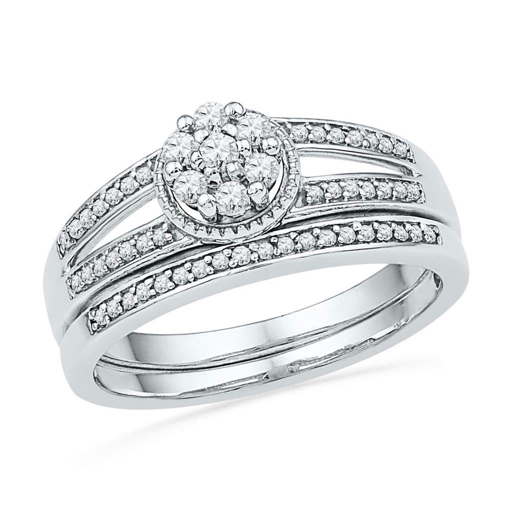 14k White Gold Round Diamond Cluster Bridal Wedding Ring Set 1/4 Cttw