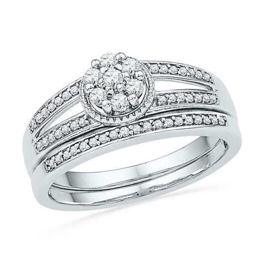 14k White Gold Round Diamond Cluster Bridal Wedding Ring Set 1/4 Cttw
