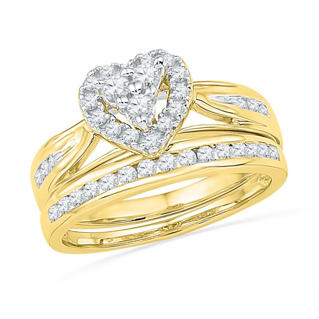 10k Yellow Gold Round Diamond Heart Bridal Wedding Ring Set 1/2 Cttw
