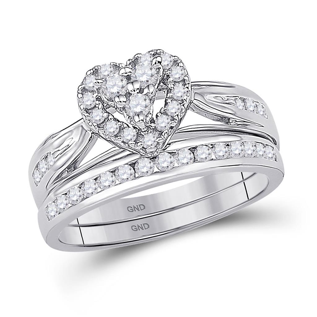 14k White Gold Round Diamond Heart Bridal Wedding Ring Set 1/2 Cttw