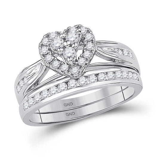 14k White Gold Round Diamond Heart Bridal Wedding Ring Set 1/2 Cttw