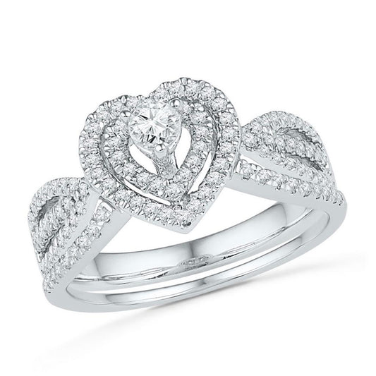 14k White Gold Round Diamond Heart Bridal Wedding Ring Set 5/8 Cttw