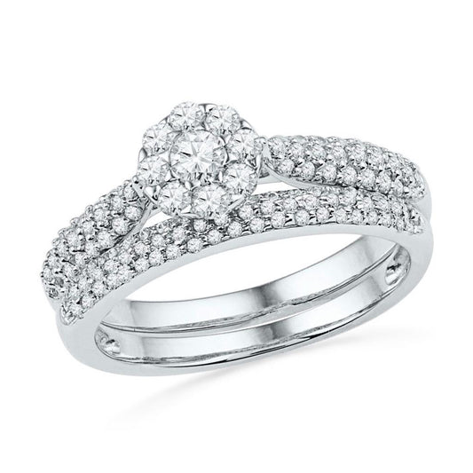 14k White Gold Round Diamond Cluster Bridal Wedding Ring Set 5/8 Cttw