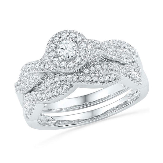 14k White Gold Round Diamond Twist Bridal Wedding Ring Set 1/2 Cttw