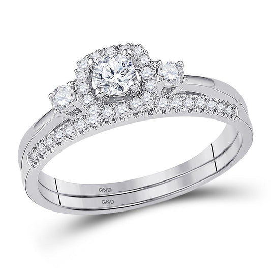 14k White Gold Round Diamond Solitaire Halo Bridal Wedding Ring Set 1/2 Cttw