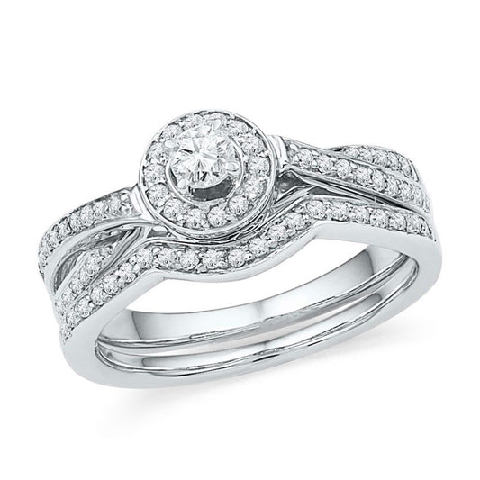 14k White Gold Round Diamond Halo Bridal Wedding Ring Set 1/2 Cttw