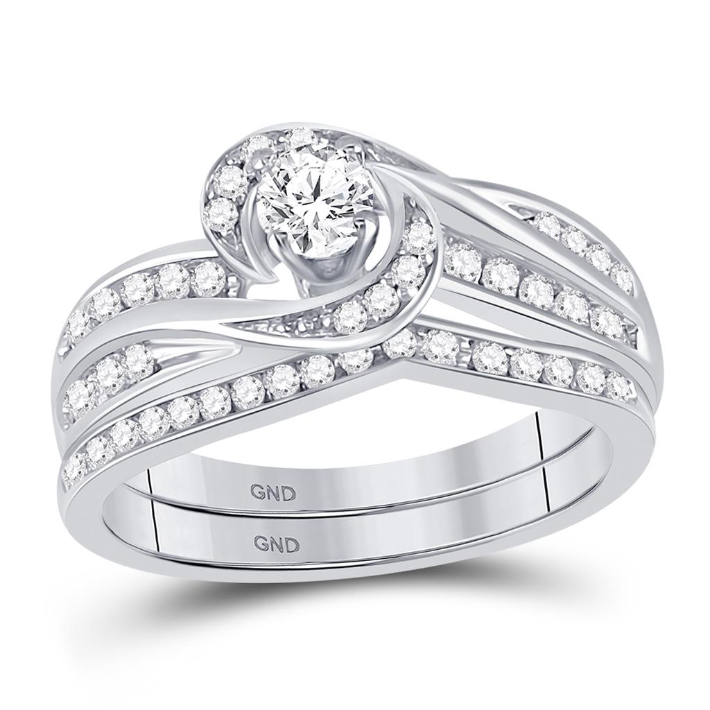 14k White Gold Round Diamond Swirl Bridal Wedding Ring Set 1/2 Cttw