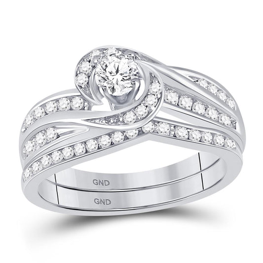 14k White Gold Round Diamond Swirl Bridal Wedding Ring Set 1/2 Cttw