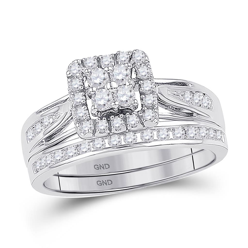 14k White Gold Round Diamond Halo Bridal Wedding Ring Set 1-1/2 Cttw
