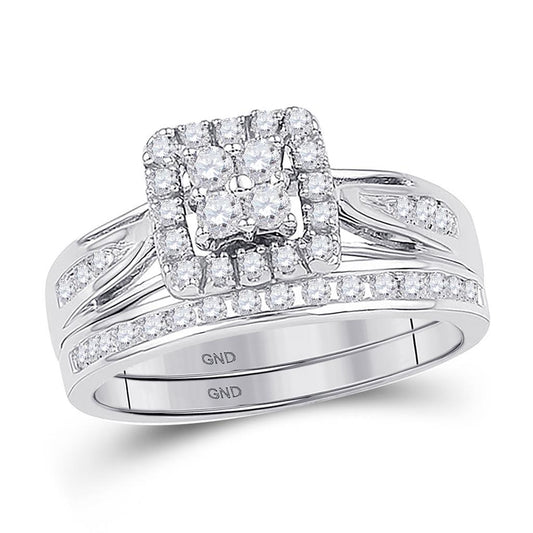 14k White Gold Round Diamond Halo Bridal Wedding Ring Set 1-1/2 Cttw