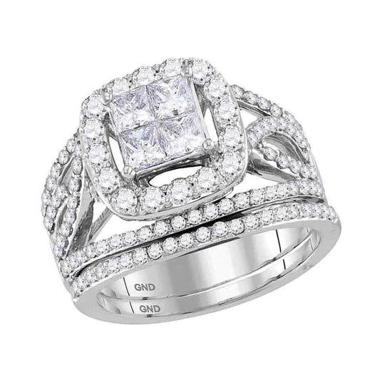 14k White Gold Princess Diamond Halo Bridal Wedding Ring Set 2 Cttw