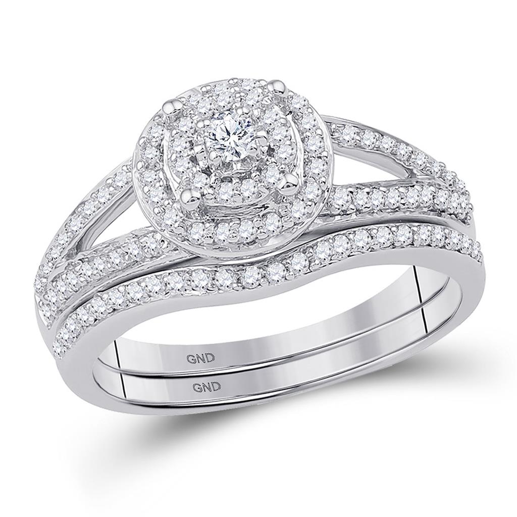 14k White Gold Round Diamond Halo Bridal Wedding Ring Set 1/2 Cttw