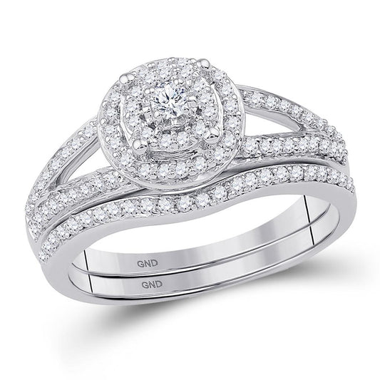 14k White Gold Round Diamond Halo Bridal Wedding Ring Set 1/2 Cttw