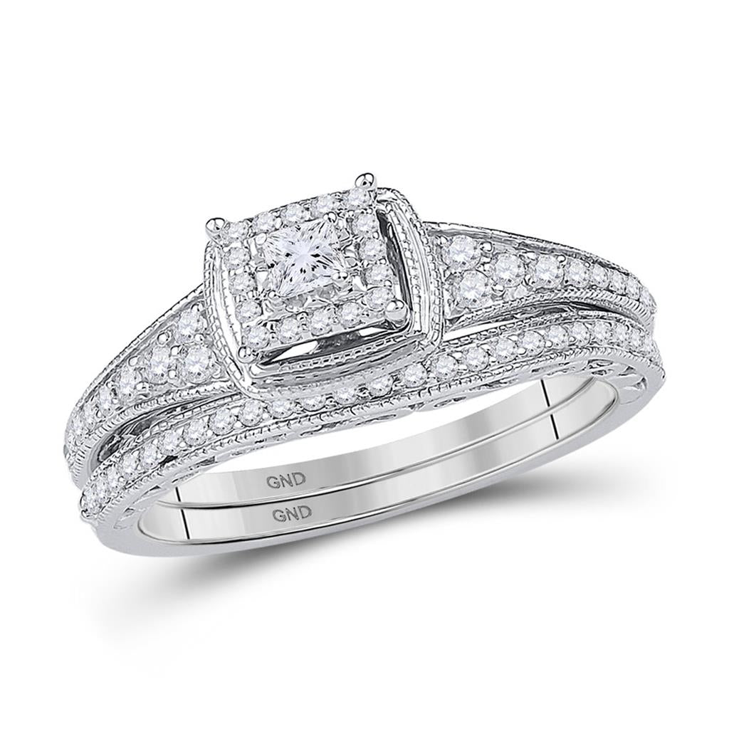 14k White Gold Princess Diamond Bridal Wedding Ring Set 1/2 Cttw