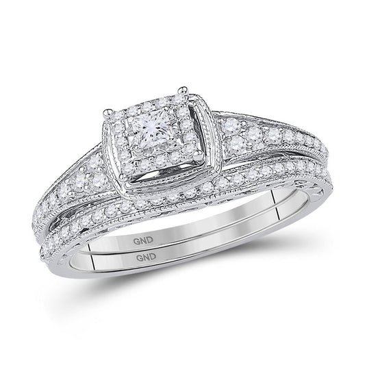 14k White Gold Princess Diamond Bridal Wedding Ring Set 1/2 Cttw