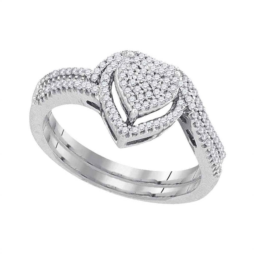 14k White Gold Round Diamond Heart Bridal Wedding Ring Set 1/3 Cttw