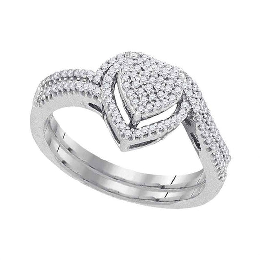 14k White Gold Round Diamond Heart Bridal Wedding Ring Set 1/3 Cttw