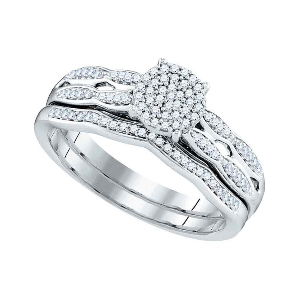 14k White Gold Round Diamond Cluster Bridal Wedding Ring Set 1/4 Cttw