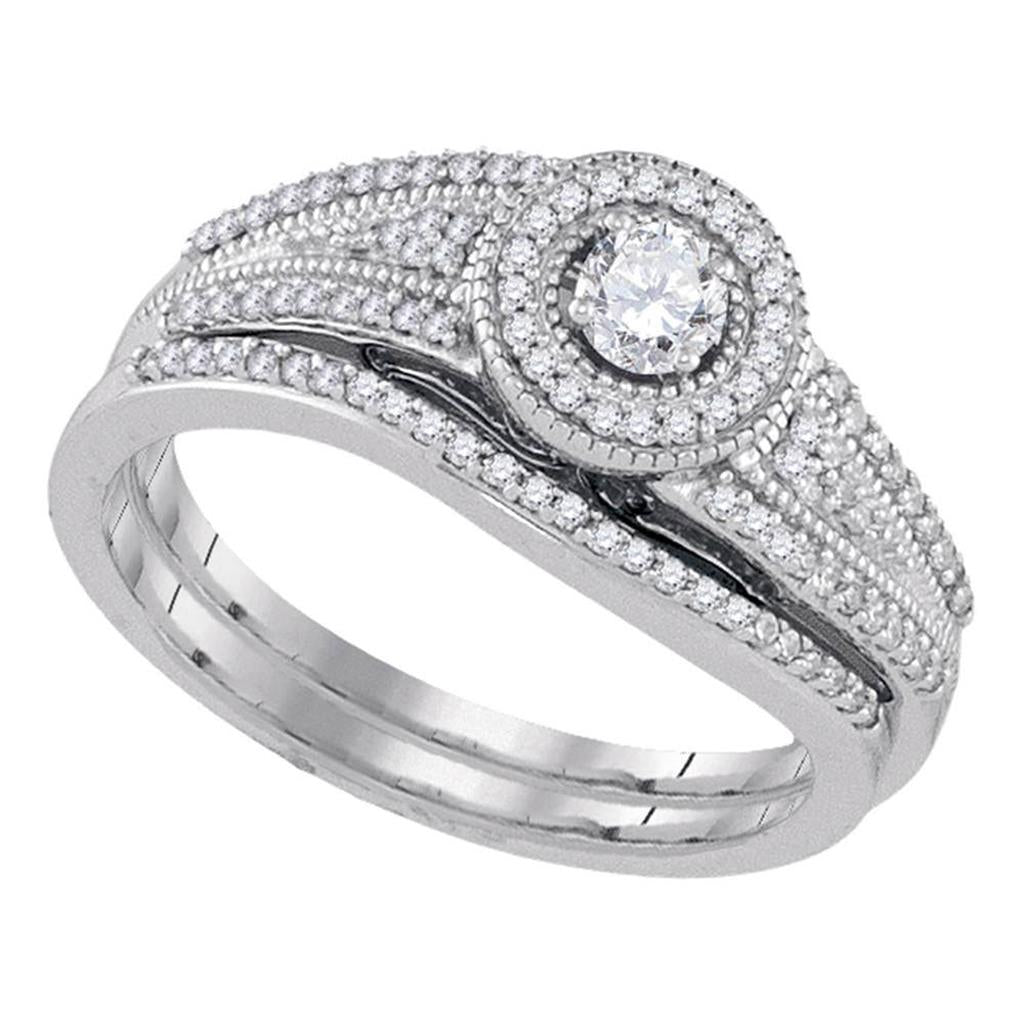 14k White Gold Round Diamond Halo Bridal Wedding Ring Set 3/8 Cttw