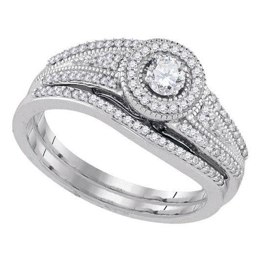14k White Gold Round Diamond Halo Bridal Wedding Ring Set 3/8 Cttw