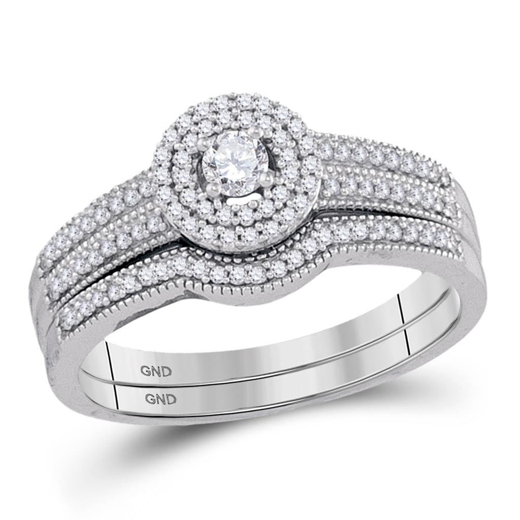 14k White Gold Round Diamond Halo Bridal Wedding Ring Set 1/3 Cttw