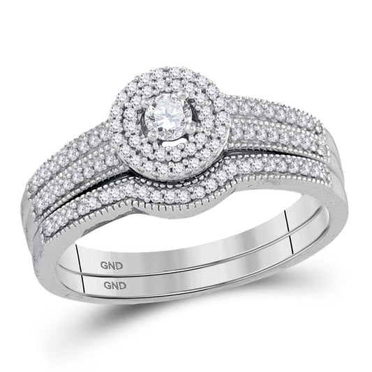 14k White Gold Round Diamond Halo Bridal Wedding Ring Set 1/3 Cttw