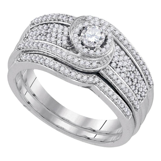 14k White Gold Round Diamond Swirl Bridal Wedding Ring Set 1/2 Cttw