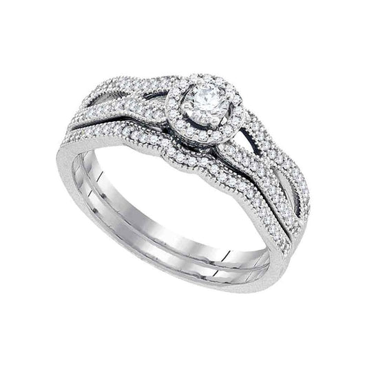 14k White Gold Round Diamond Bridal Wedding Ring Set 3/8 Cttw