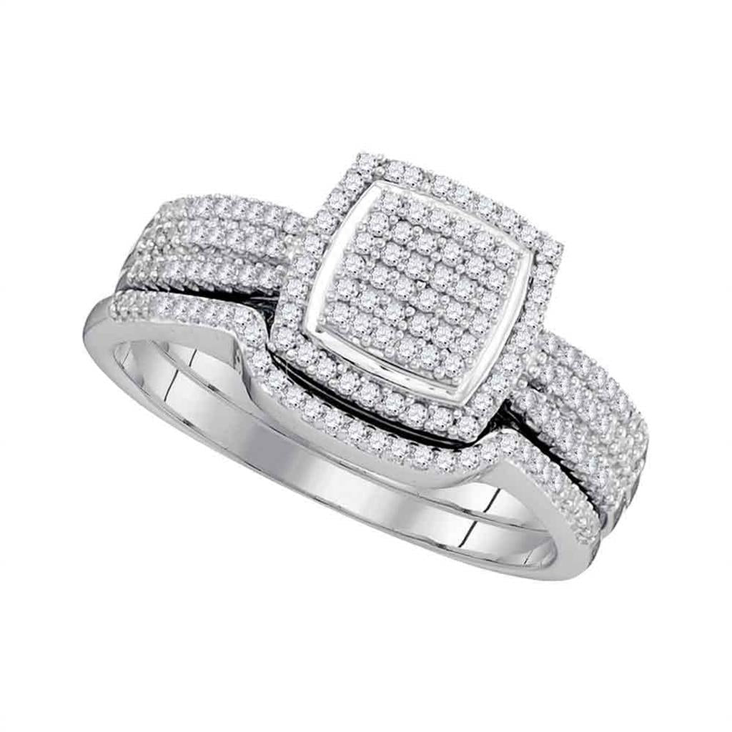 14k White Gold Round Diamond Square Bridal Wedding Ring Set 1/2 Cttw