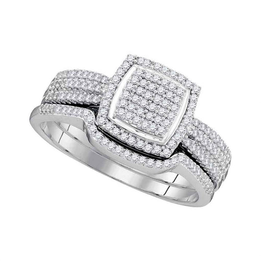 14k White Gold Round Diamond Square Bridal Wedding Ring Set 1/2 Cttw